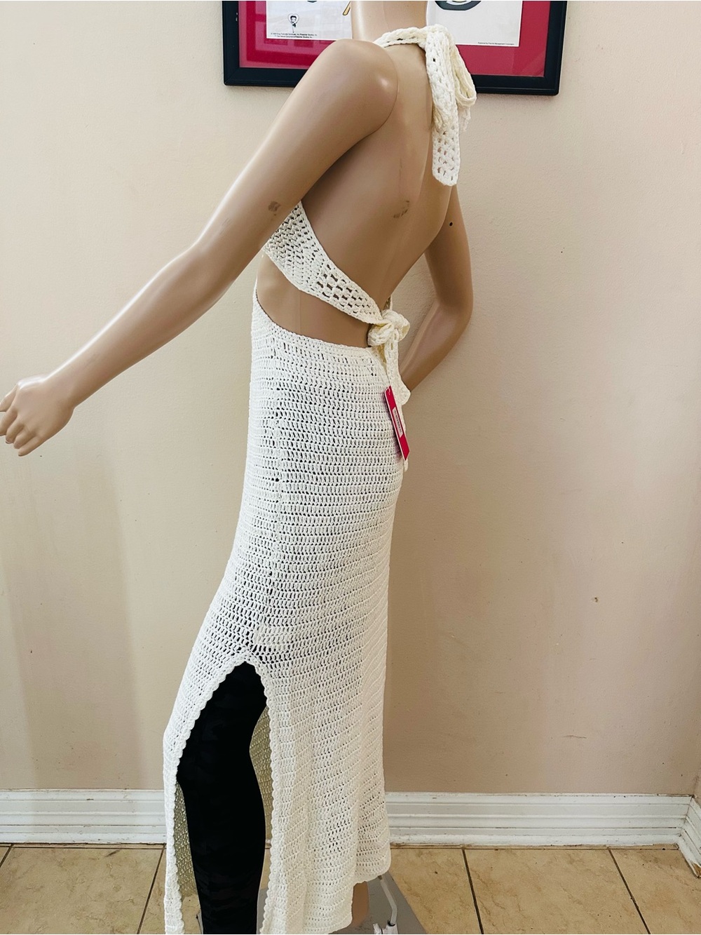Beginning Boutique White Crochet Halter Maxi Dress with Ring Cutout - Picture 6 of 11